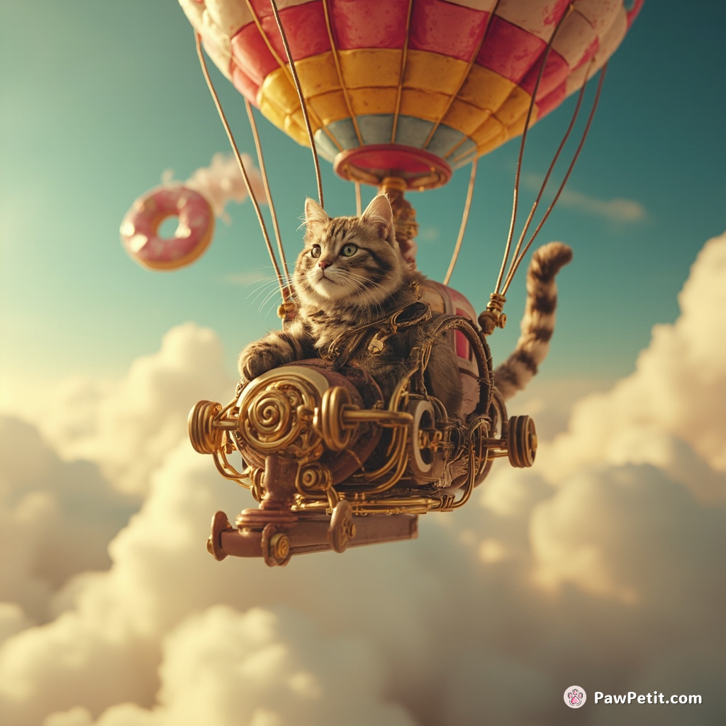 Steam-powered cat piloting a colorful hot air balloon through a donut-shaped cloud.