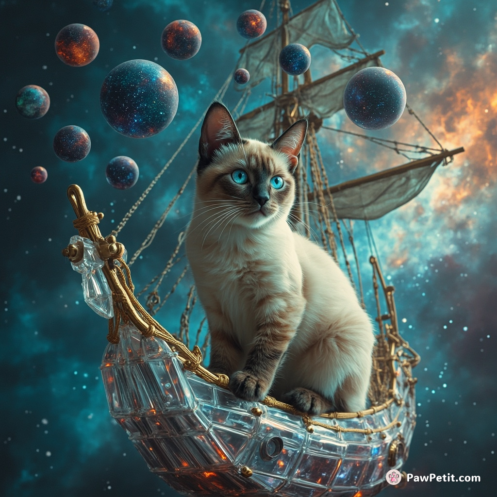 Cybernetic Siamese cat juggling miniature galaxies on the bow of a crystalline pirate ship sailing an ethereal nebula sea.