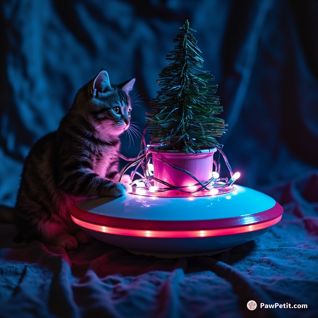 A cat tangling Christmas lights around a bonsai tree on a UFO.