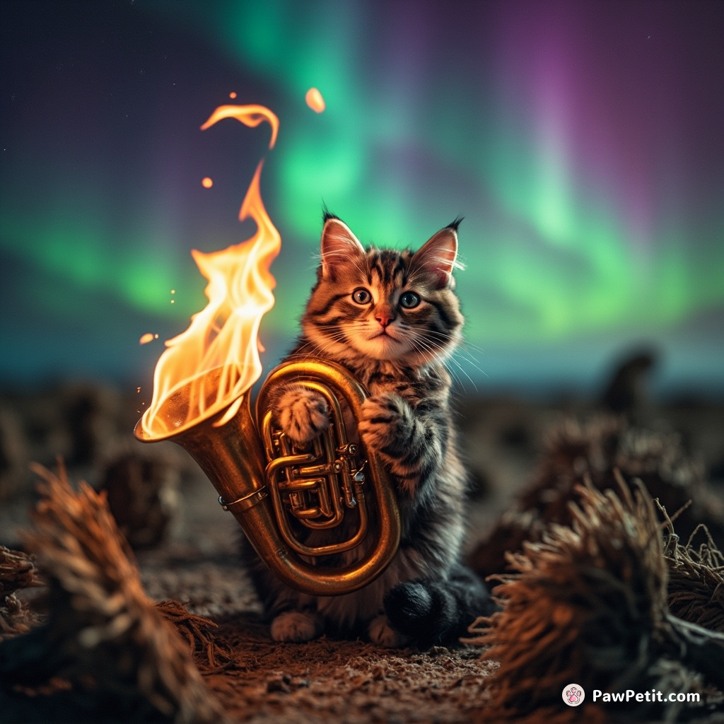 A cat proudly playing a flaming tuba, surrounded by dancing tumbleweeds, under the multi-colored Aurora Borealis.