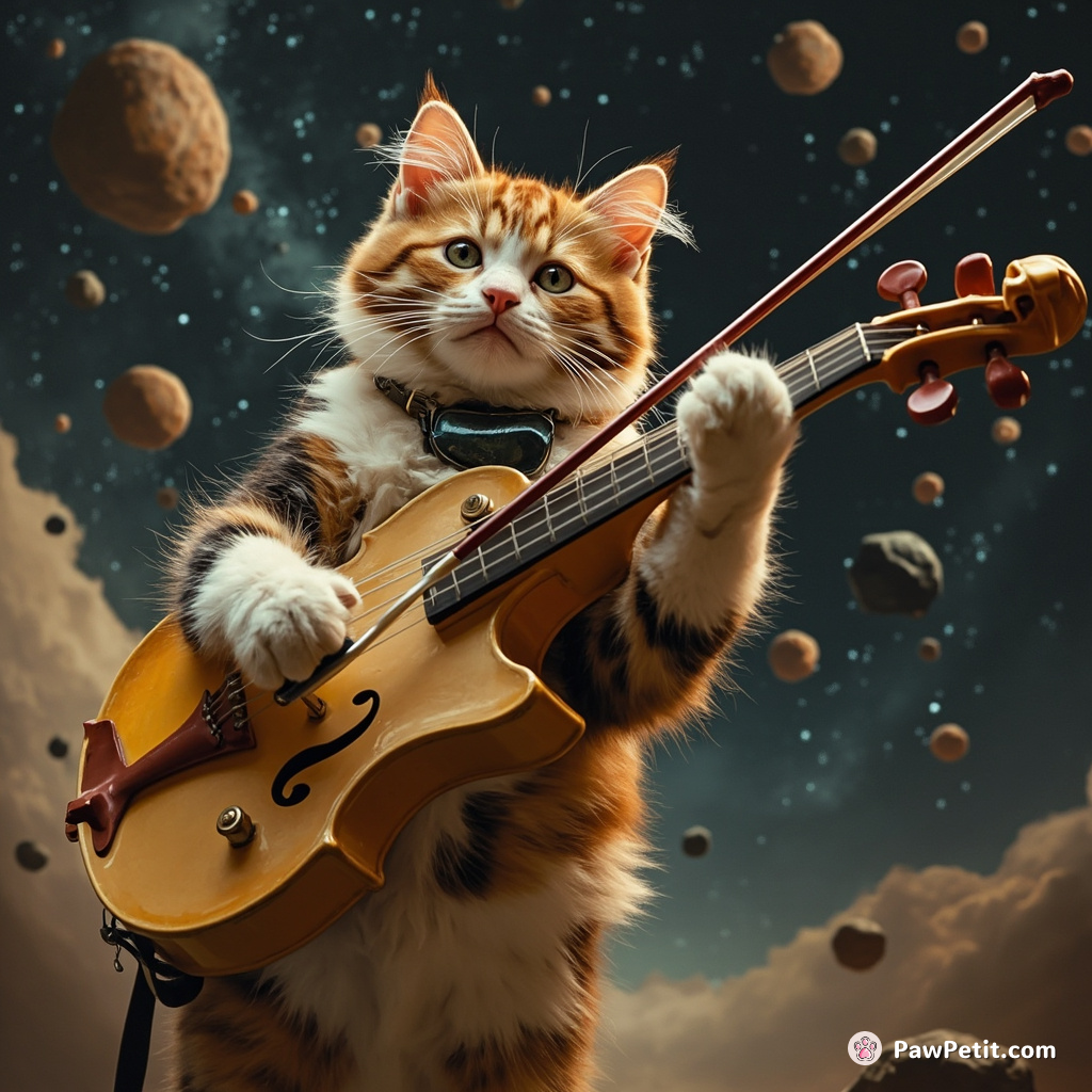 A ginger calico cat, dramatically playing an oversized electric violin amid floating asteroid fields.