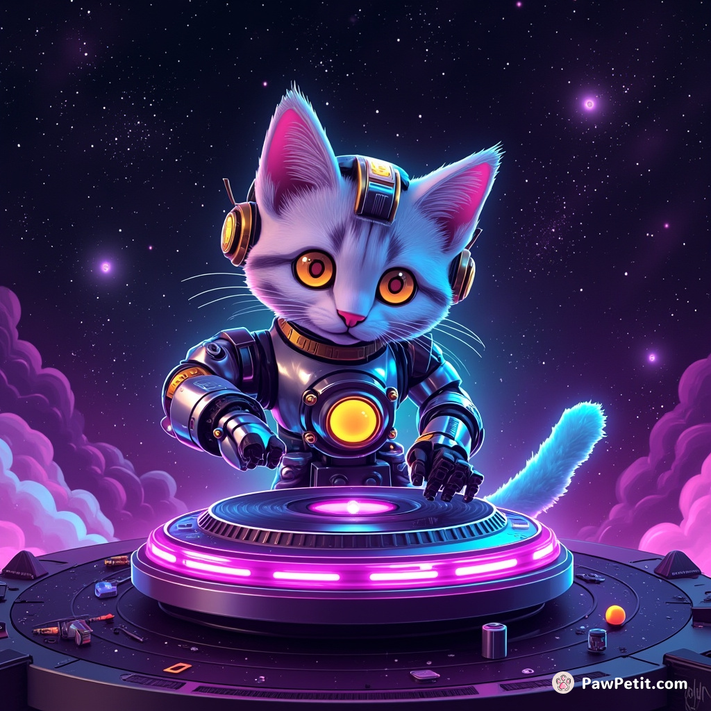 Cyborg cat DJ mixing ethereal space tunes on rotating nebula turntables, pulsing with stardust beats.