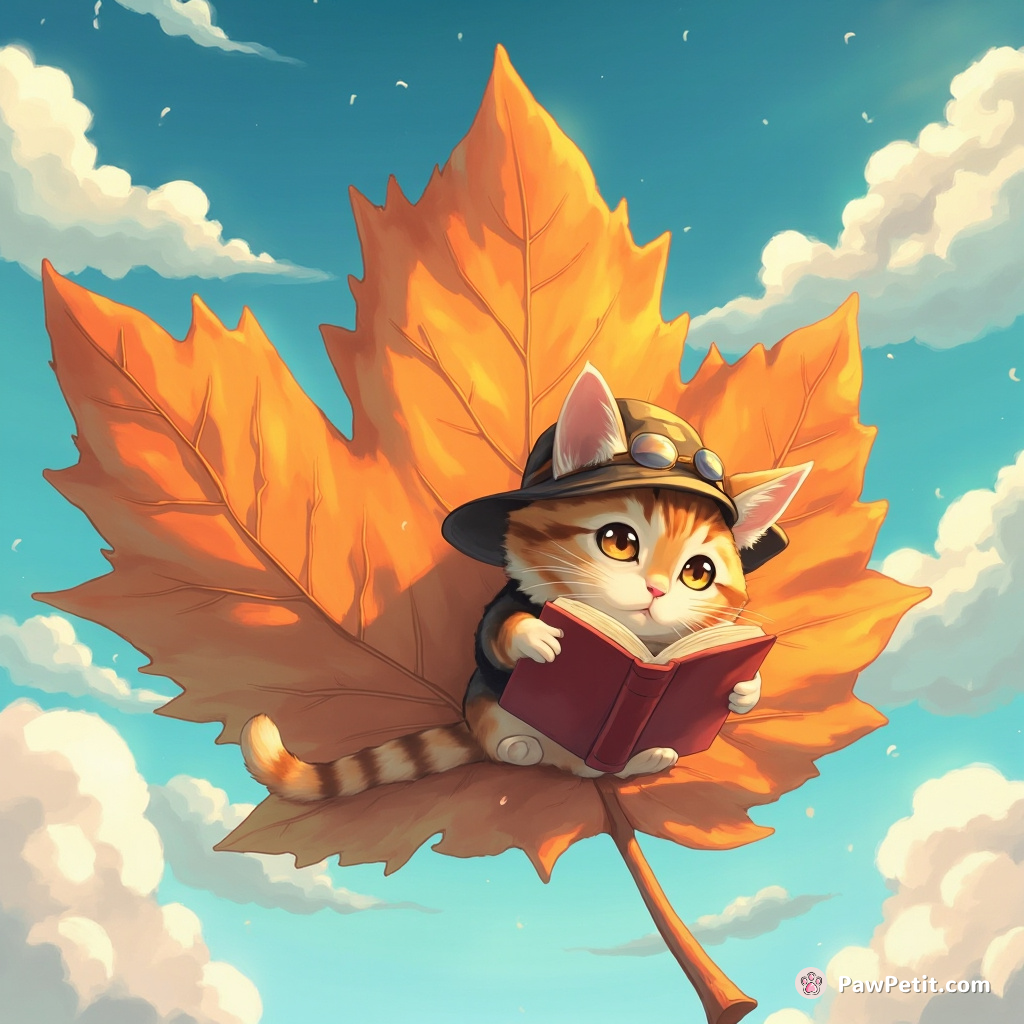 A tabby cat reading a detective novel on a colossal maple leaf floating in the skies.