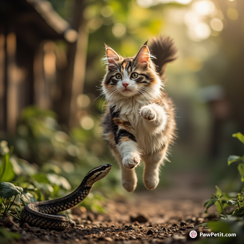 The cat's brave leap intercepted the venomous snake, unknowingly earning human accolades as the prevailing champion of their village.