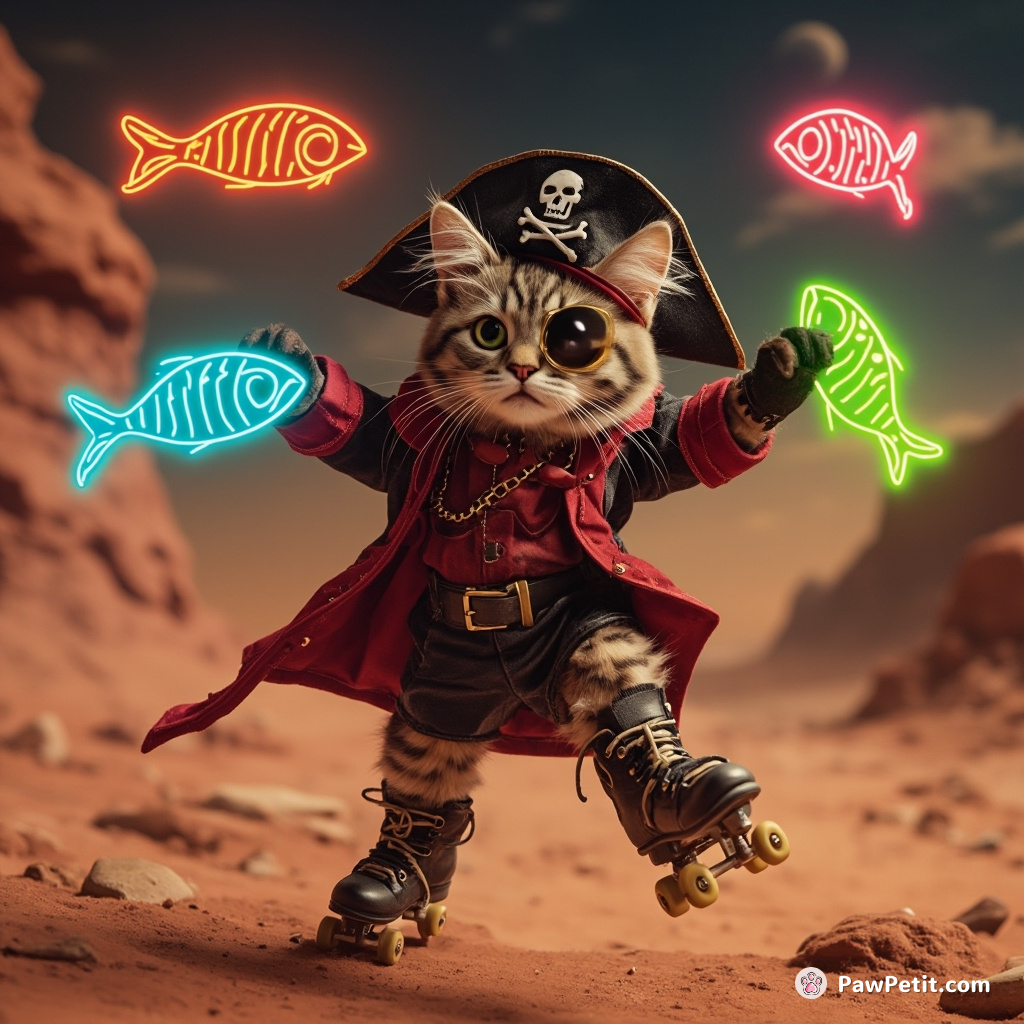 A one-eyed pirate cat roller-skating one-handedly while juggling three neon fish on Mars.