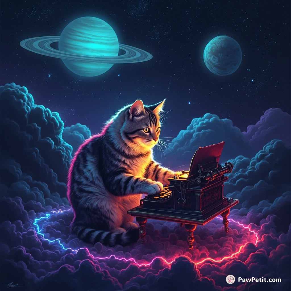 A cat sitting cross-legged at a tiny desk on Saturn, typing on an ancient typewriter with its glowing, neon-fur changing colors periodically.