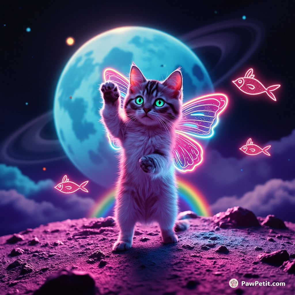A neon cat disco-dancing on Saturn's moon with butterfly wings, surrounded by mermaid mice and rainbows shaped like fish.