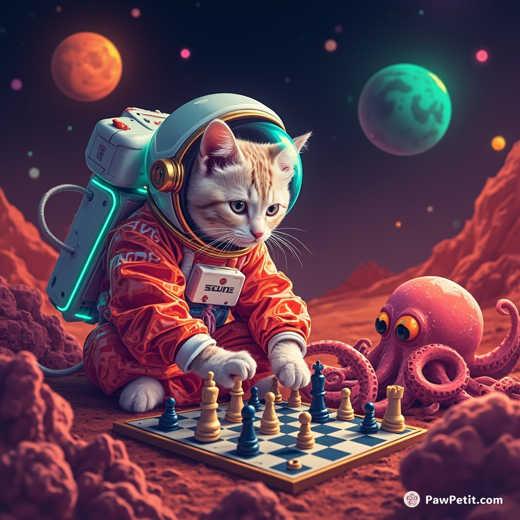 Cat in a neon astronaut suit playing chess with an octopus on Mars.