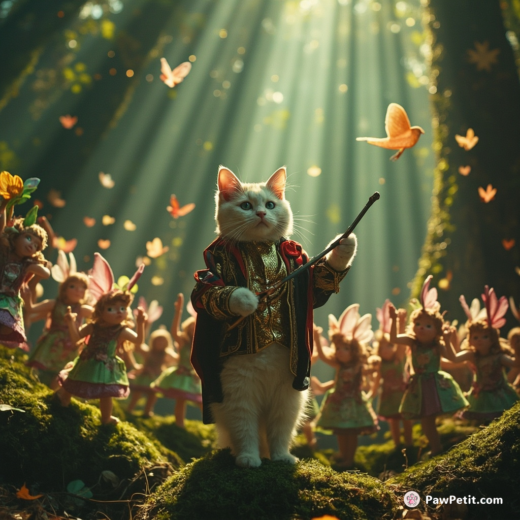 A napoleonic shorthair cat conducting a symphony orchestra of whimsical fairies in a sparkling moss-cloaked forest.