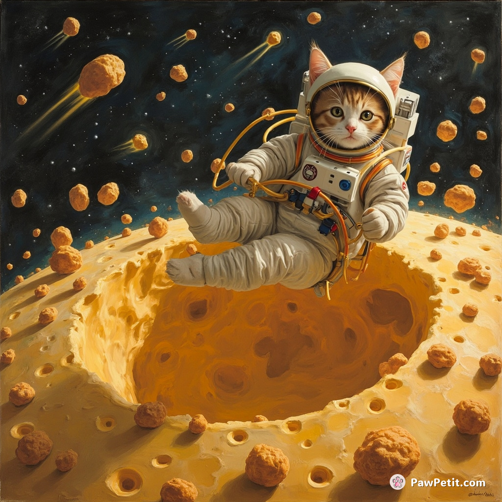 A feline astronaut gracefully floating in a cheese moon's Gouda crater, surrounded by meteor-showering croutons.
