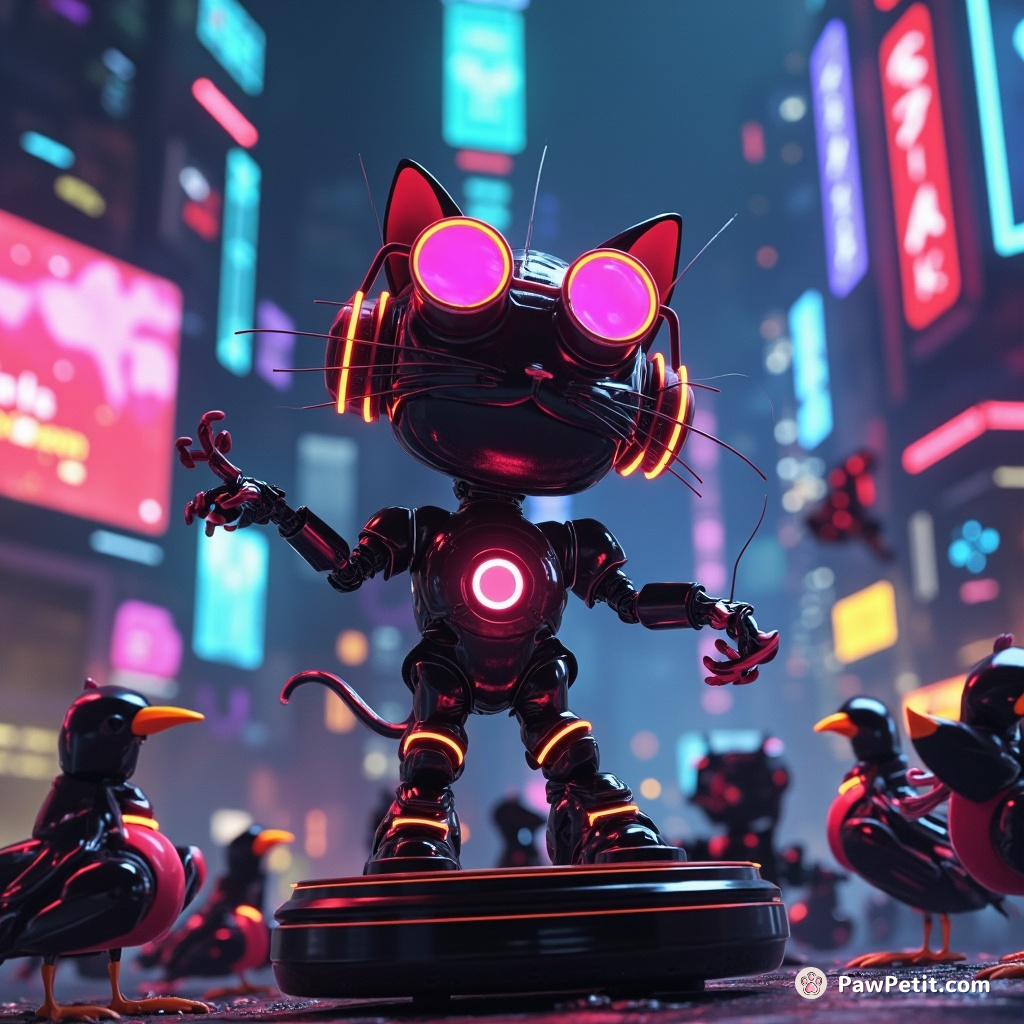 A neon cyberpunk cat conducting a symphony of robotic birds in a futuristic cityscape.