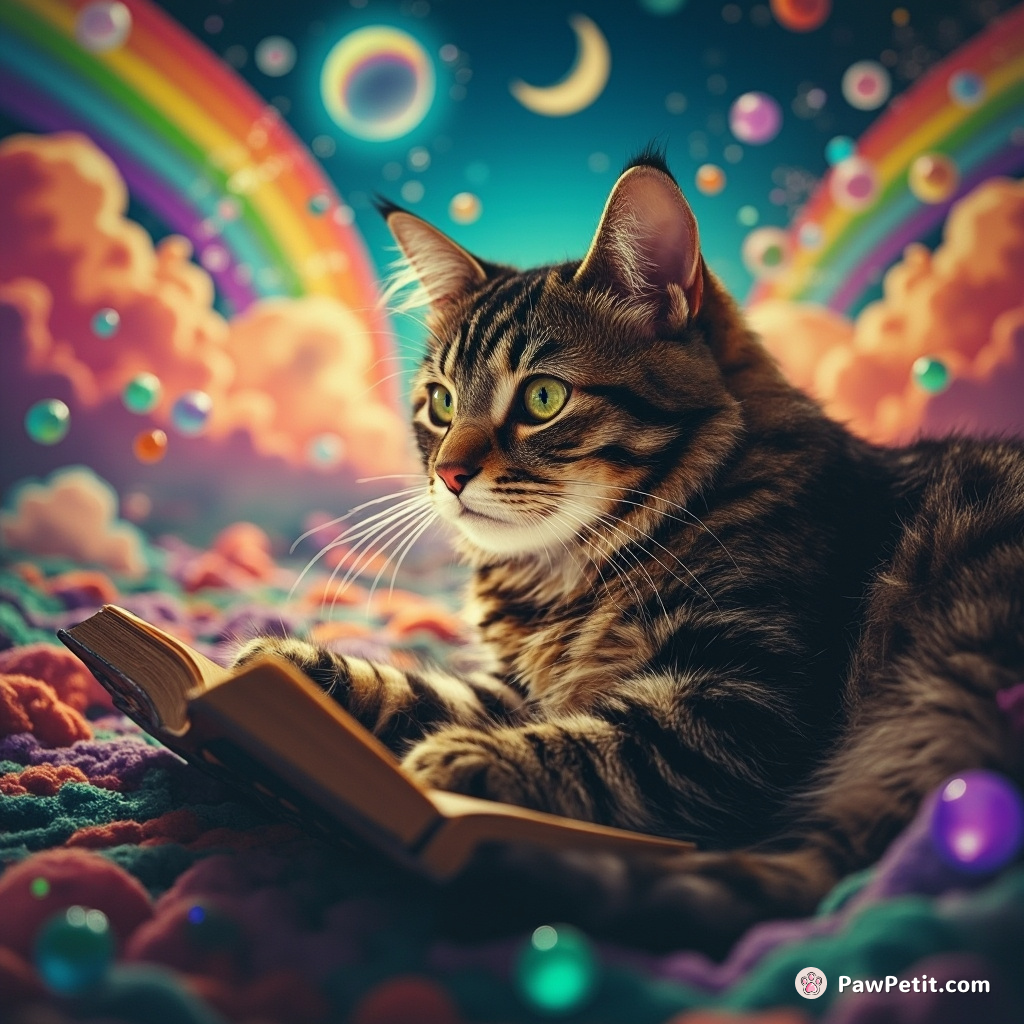 A psychedelic cat quilling a rainbow encyclopedia on the sea of whispers.