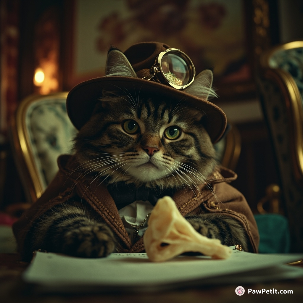 A detective cat in Victorian attire analyzing a glow-in-the-dark fish bone under a cupcake-shaped magnifying glass in an opulent upside-down room.