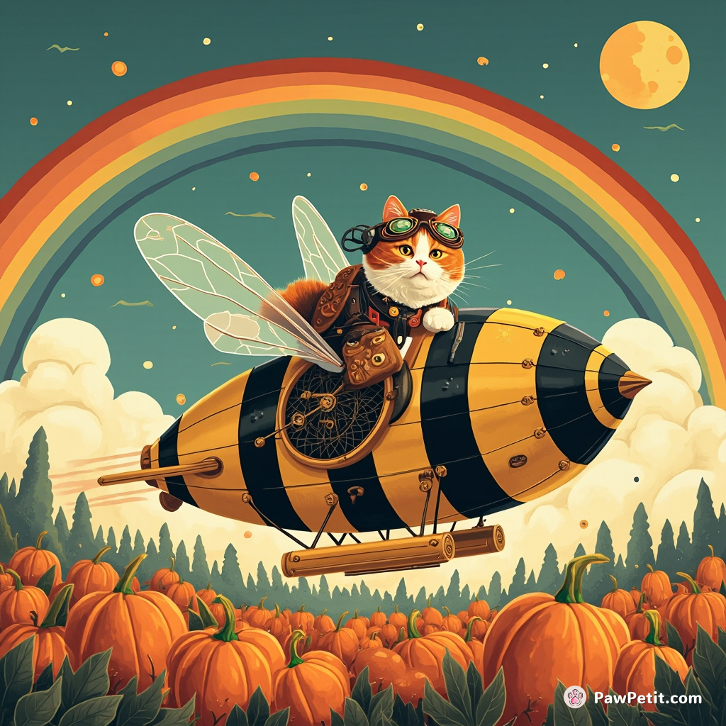 A steam-punk cat piloting a solar-powered bumblebee-shaped airship through an alien pumpkin patch under indigo rainbows.
