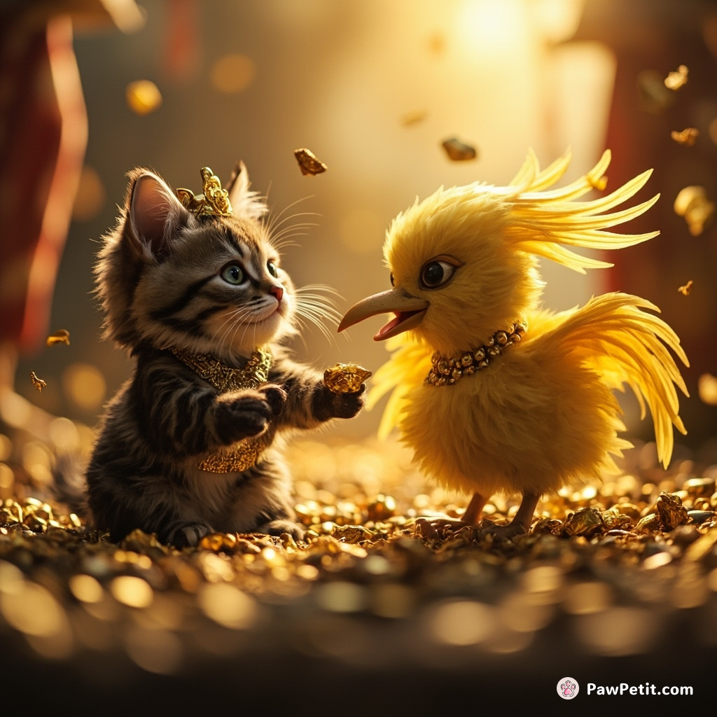 Furry Fortune": King Meowfy, an anthropomorphic tabby cat strikes a deal with a magical sunshine bird, trading his purrs for gold.