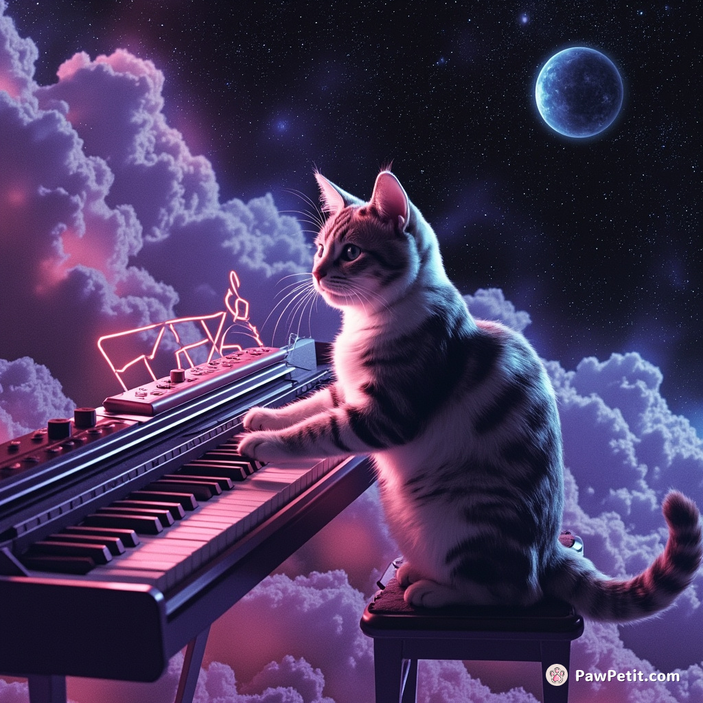 Cat composing celestial music on a cosmic piano at the edge of the universe.