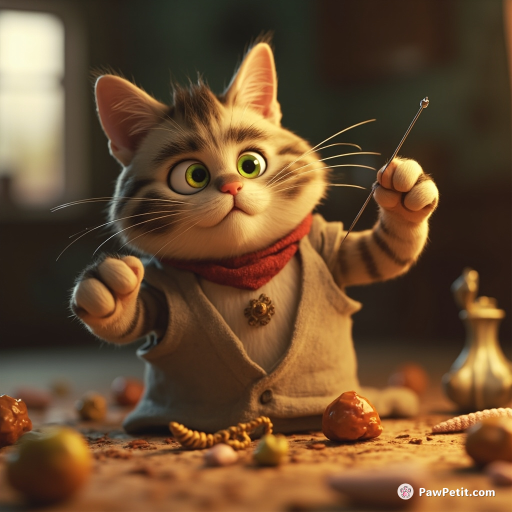 A cat practices taxidermy, convinced it can out-stuff humans, wildly gesturing with a tiny needle.