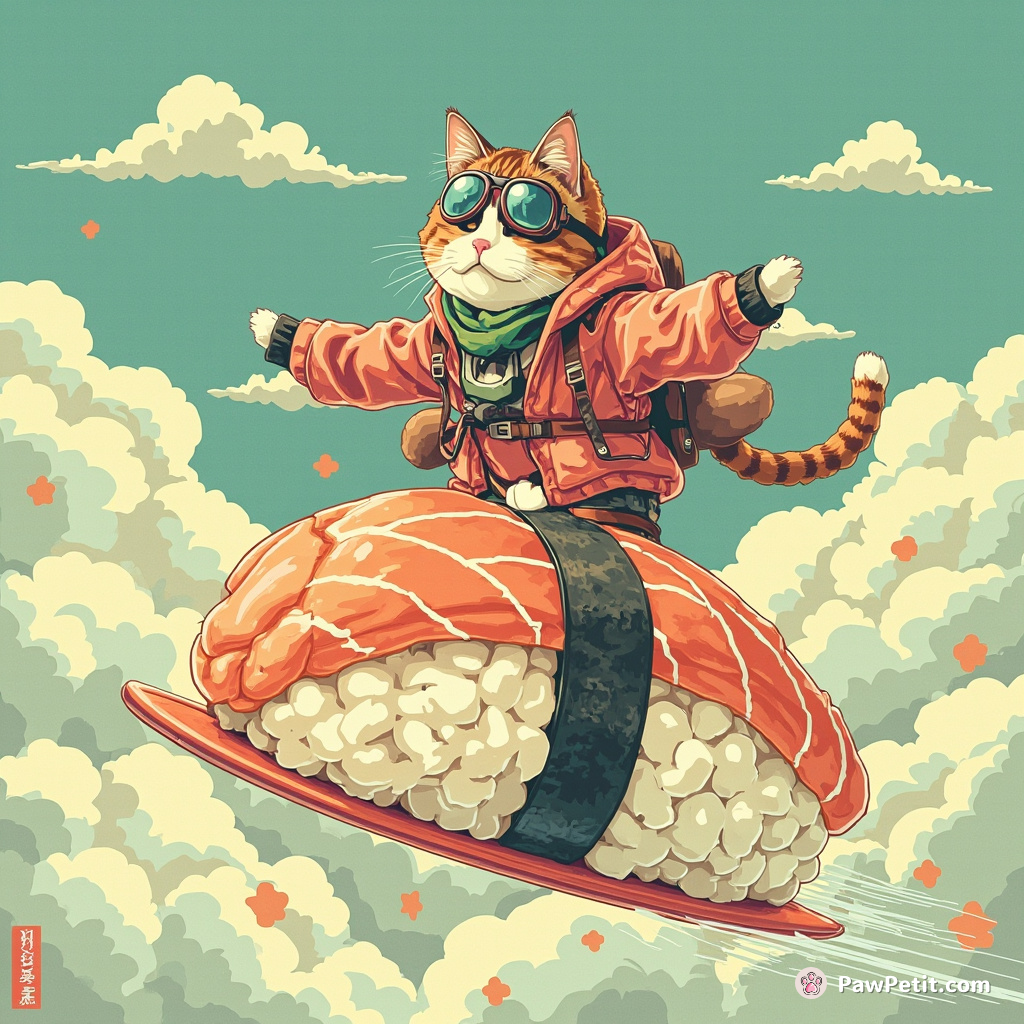 A calico cat surfing atop an oversized sushi roll through the clouds, wearing aviator goggles and a traditional Japanese happi coat.