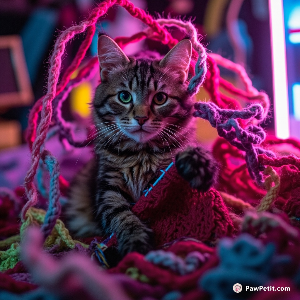 In the midst of knitting, the jumpy cat tangled itself in a multicolored whirlwind of yarn, knocking over many stitches.