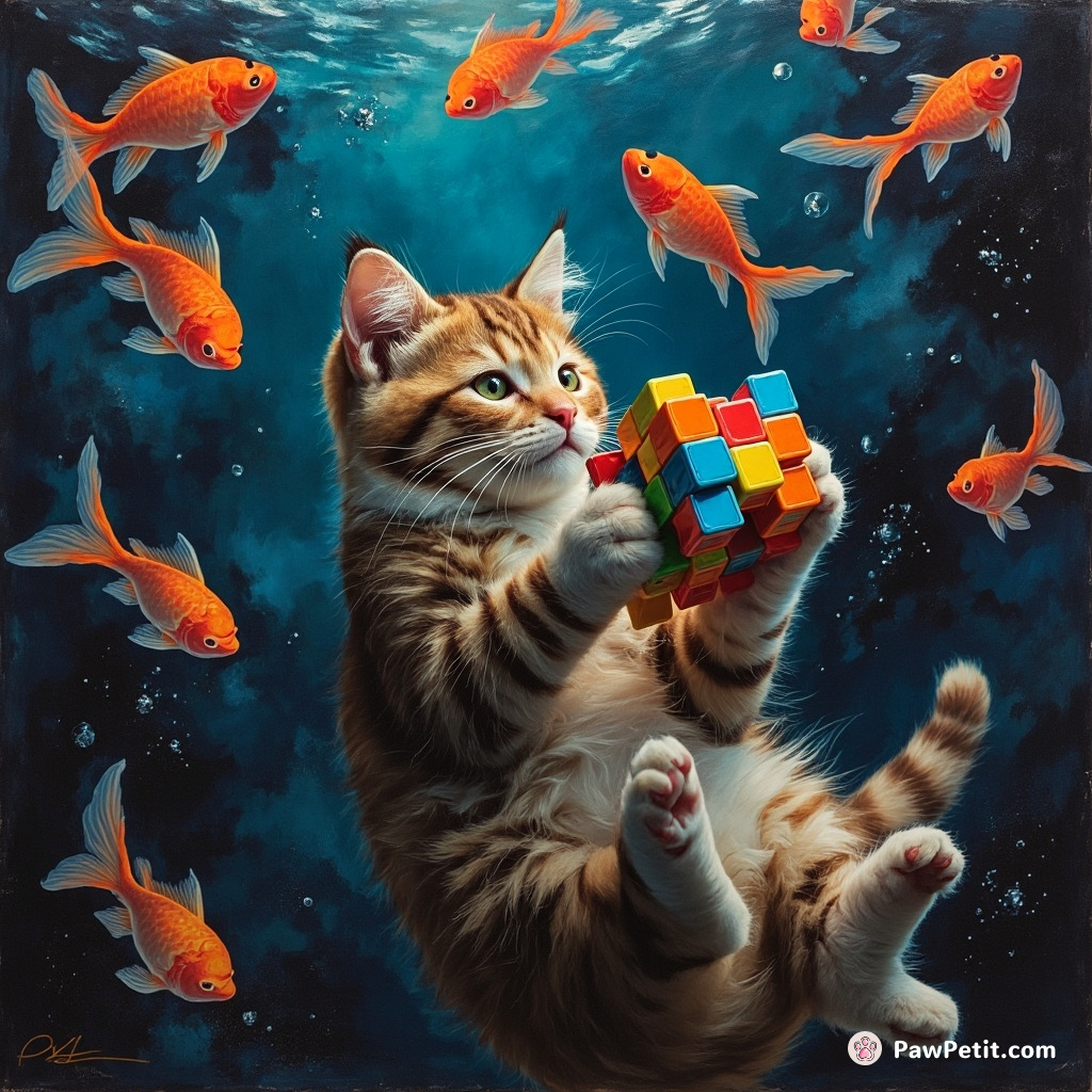 Cat solving a Rubik's cube puzzle while floating in zero-gravity, surrounded by neon fish.