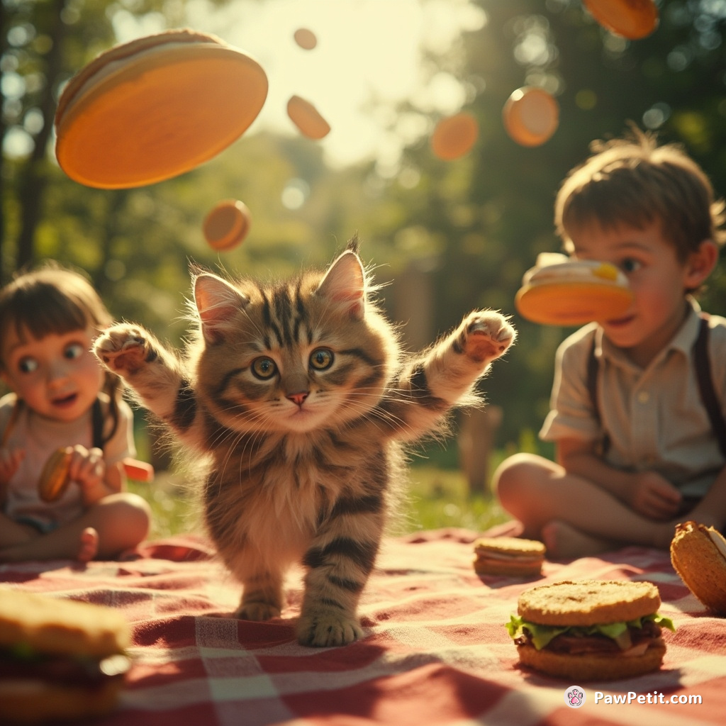 Title: "The Cat's Day at the Picnic"

Description:
Fluffy the cat stealthily joins a family picnic, causing chaos by batting sandwiches into the air like frisbees.