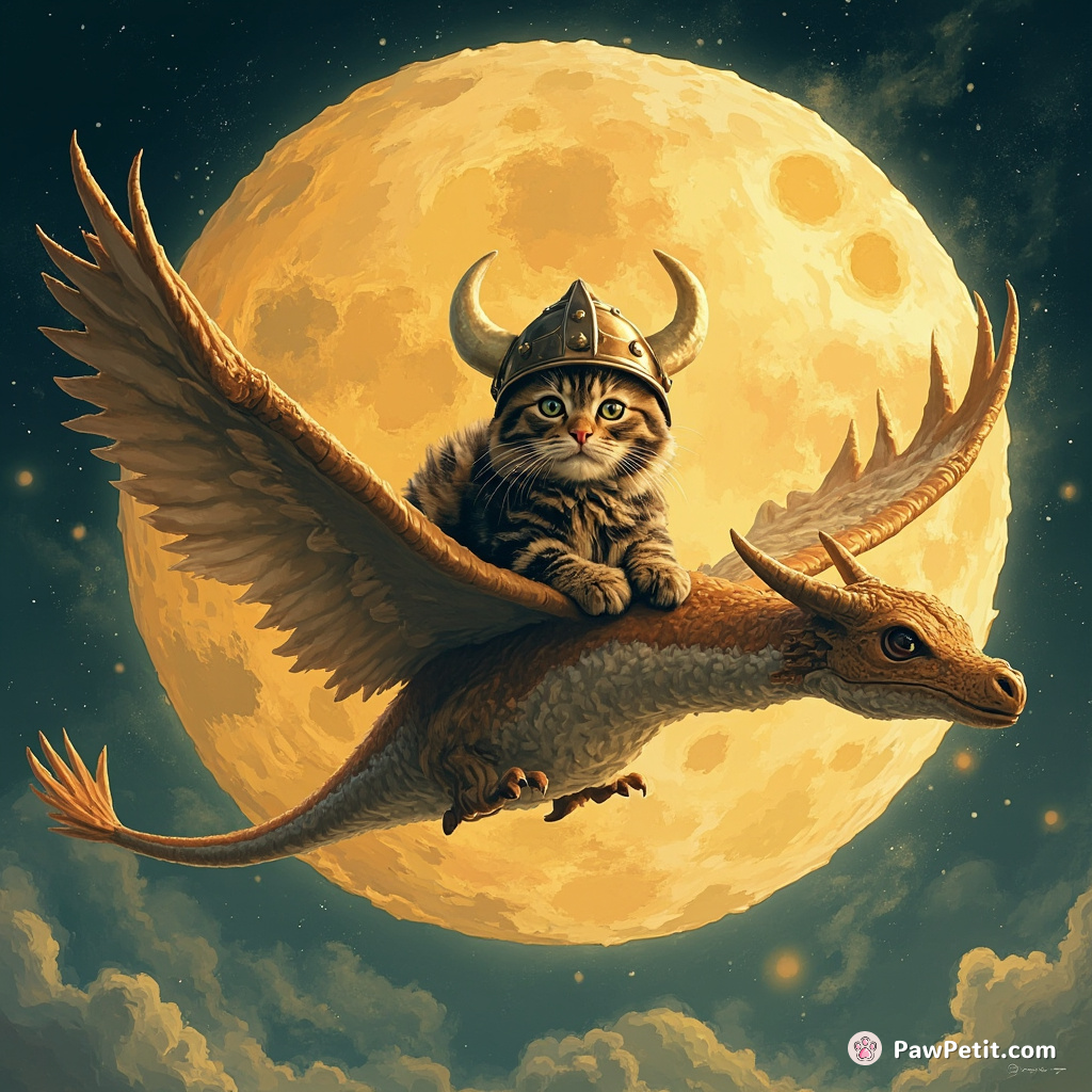 A cat with a Viking helmet riding a majestic pterodactyl over a cheese moon.
