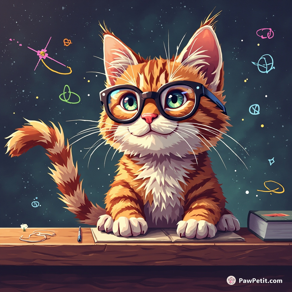 Cat dons tiny spectacles, lectures humans on quantum physics, punctuating points with dramatic tail swishes.