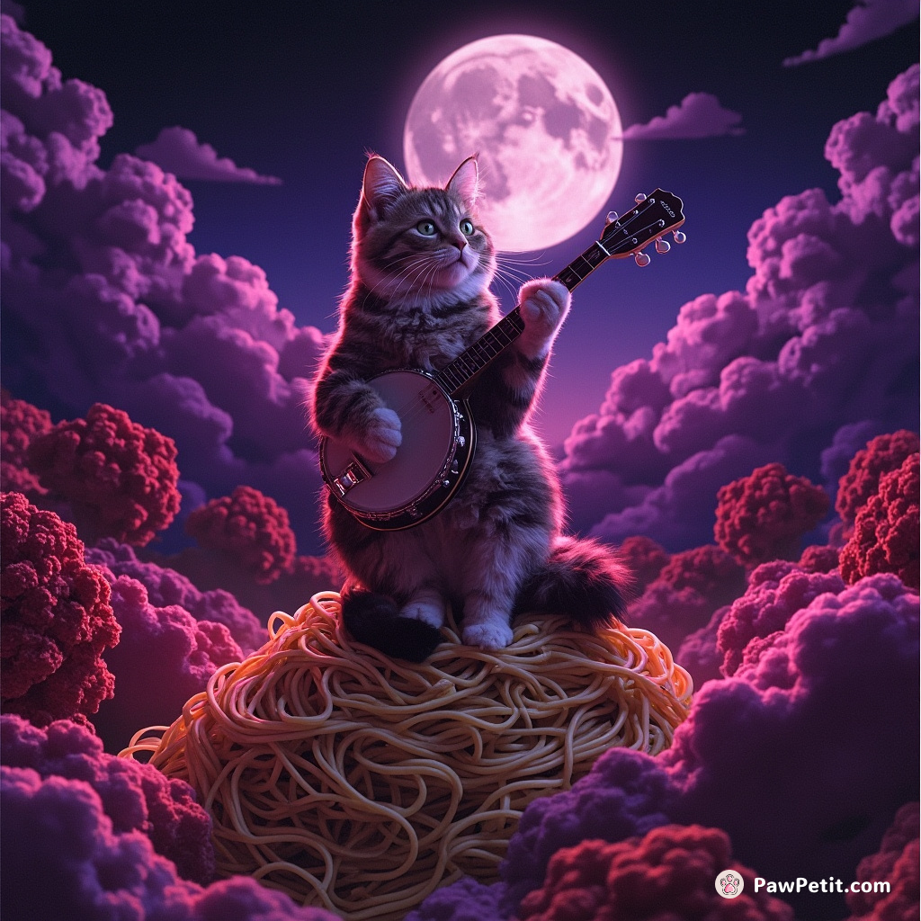 Cat serenading the moon with a banjo on top of purple spaghetti in a neon forest.