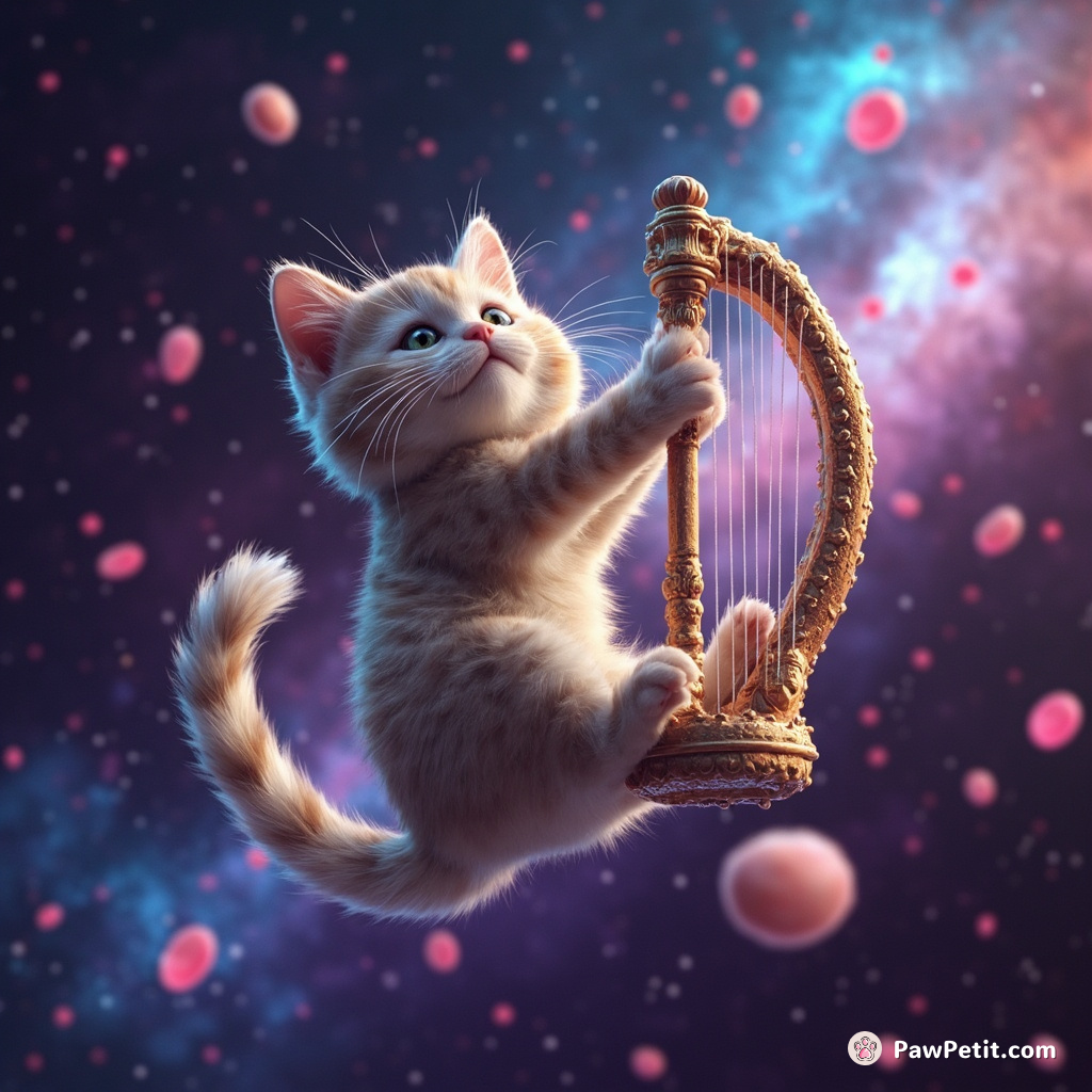 Cat playing a magical harp with its tail while floating through a jellybean galaxy.
