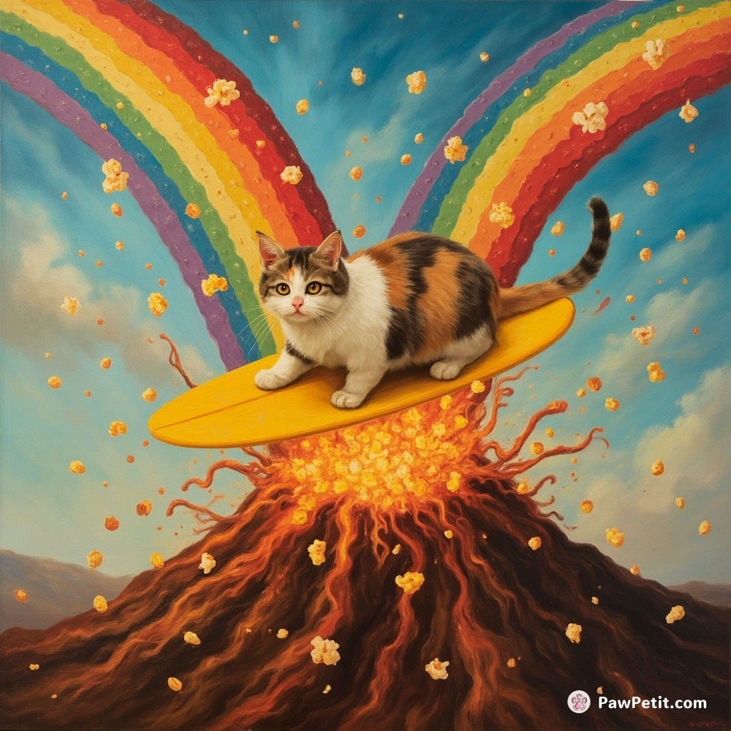 Cat surfing on a rainbow over an erupting volcano filled with popcorn.