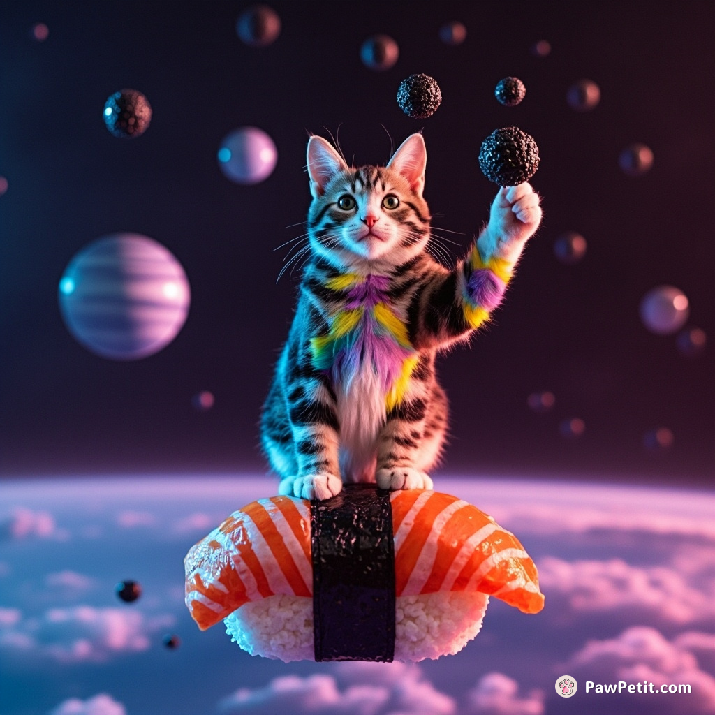 A rainbow-striped cat juggling miniature black holes while balancing on a giant floating sushi roll in space.