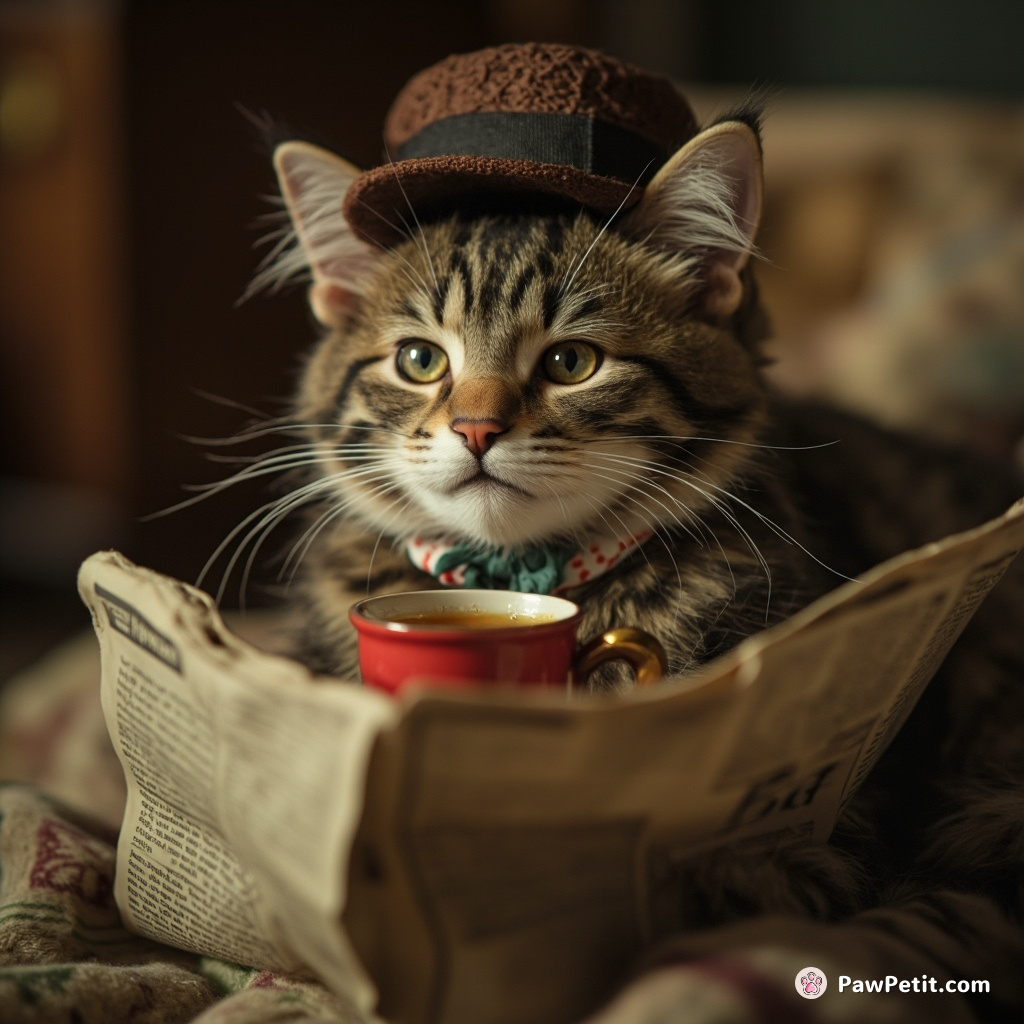 Whiskers dons a tiny hat, sips pretend tea, and curls up with a newspaper like a human.