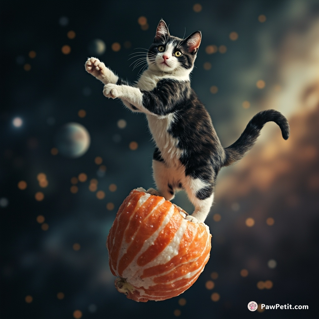 A tuxedo cat tap-dancing atop a giant, spinning sushi roll in space.