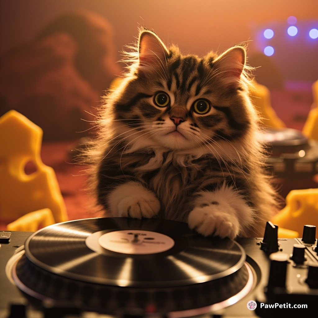 A cat DJing at a disco party on Mars, spinning vinyl records made of cheese.