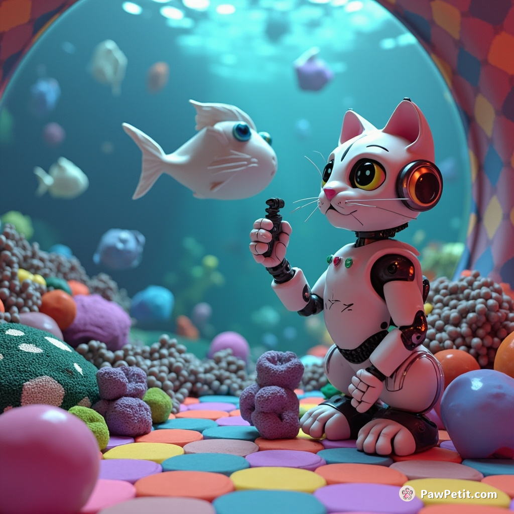 A gigantic robotic cat monitoring low-poly alien fish in a nebulic aquarium that also serves as a spaceship, interspersed through atmospere of vibrant argyle patterns.