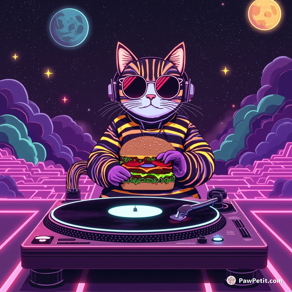 Neon-striped cat DJing on a cheeseburger turntable in an ethereal cosmos-themed disco.