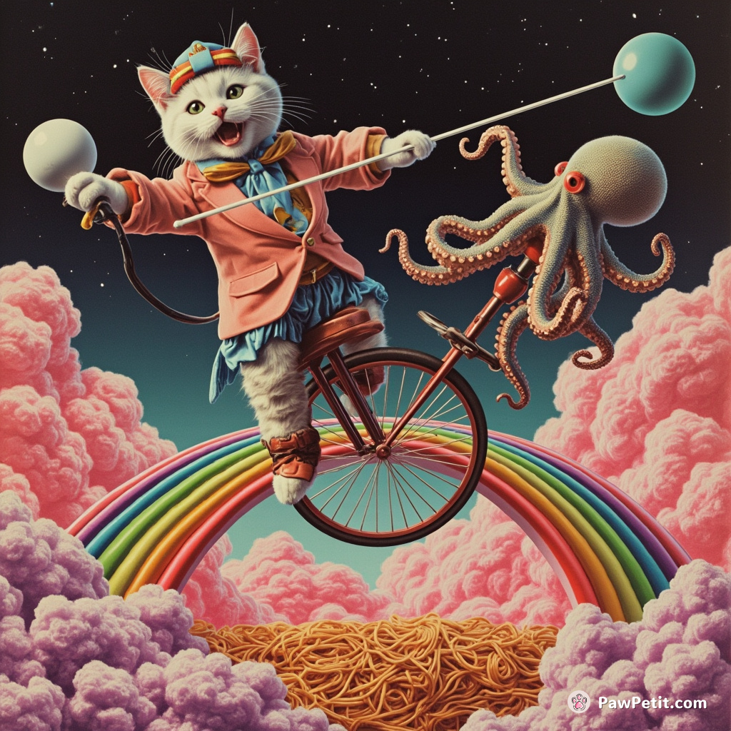 Cat jousting an octopus on a unicycle atop a rainbow spaghetti bridge.