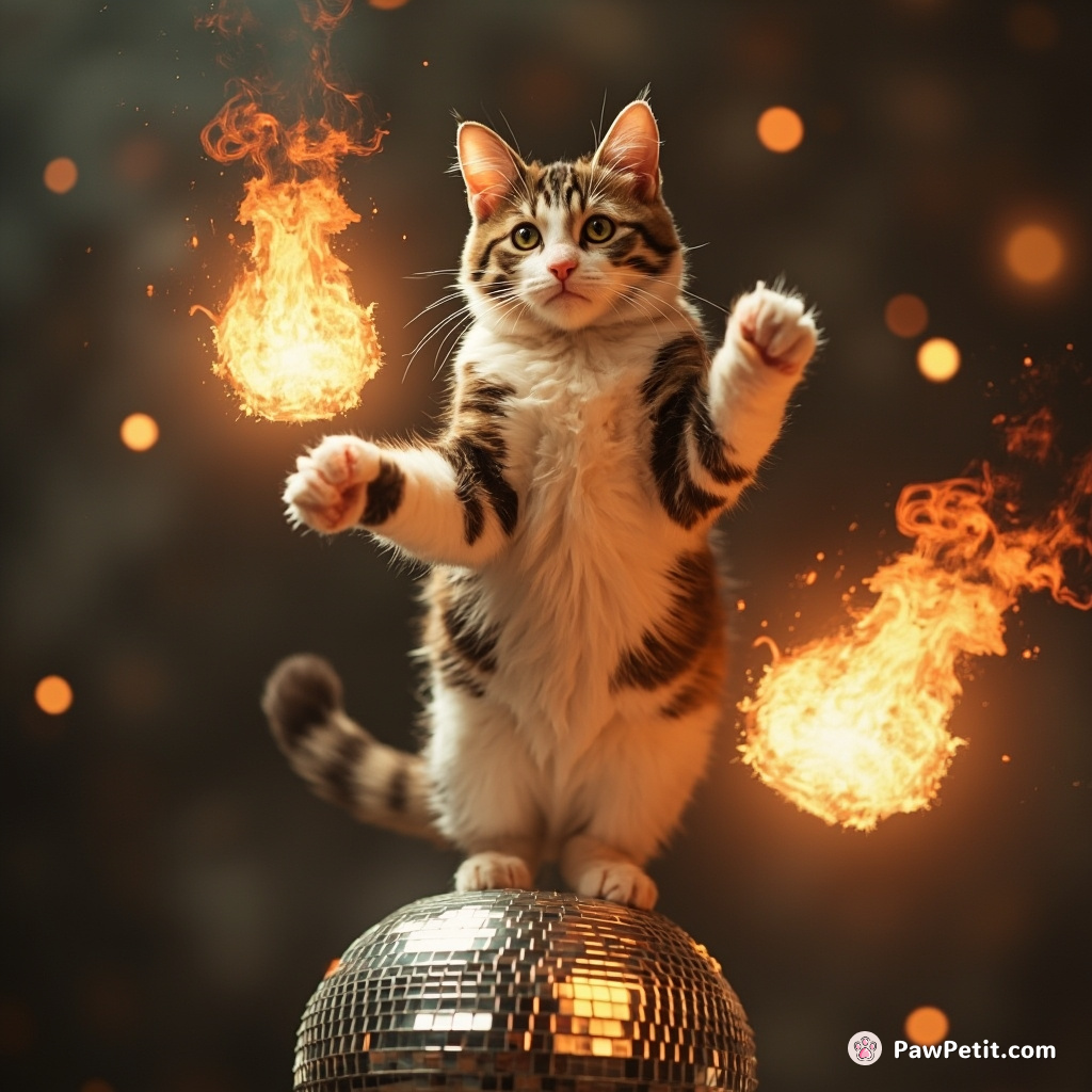 A calico cat juggling fireballs on top of a disco ball in zero gravity.