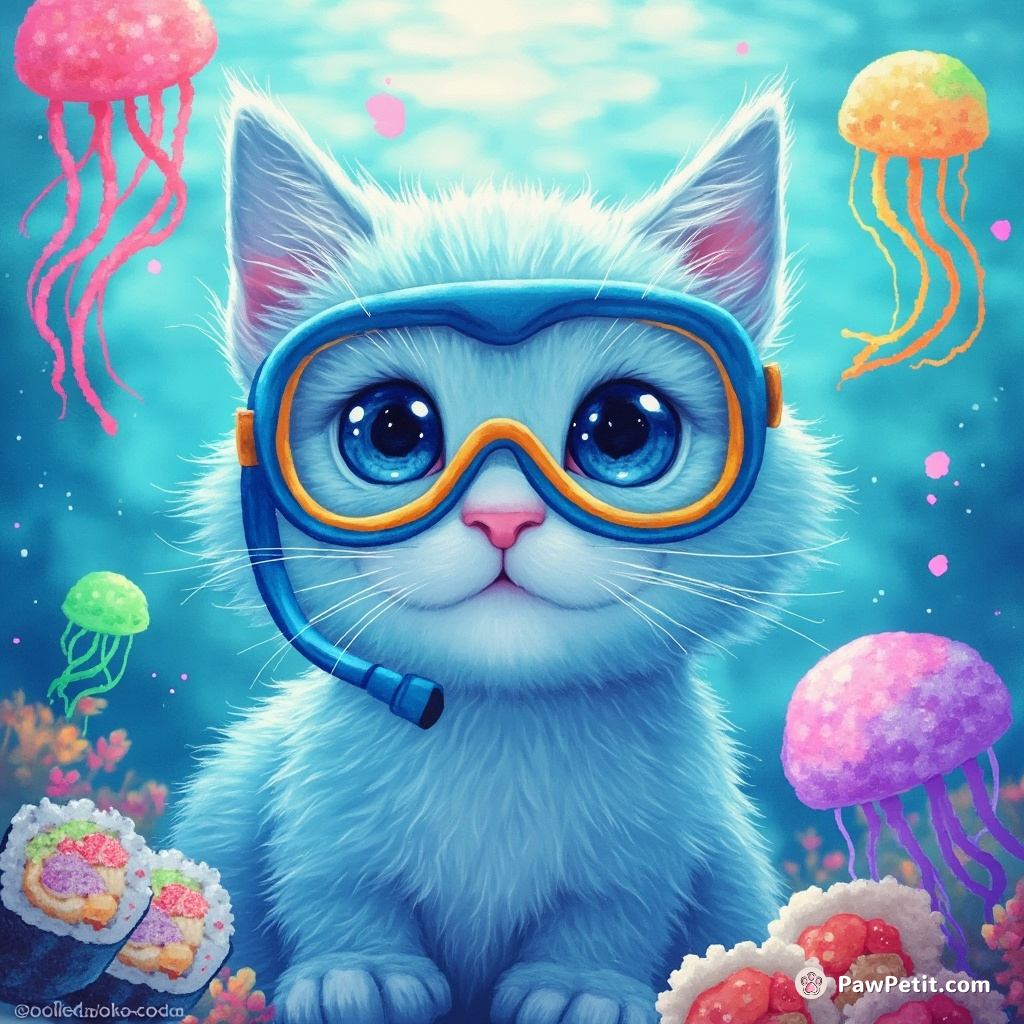 A pastel blue cat, snorkeling underwater with neon jellyfish, while feasting on rainbow sushi.