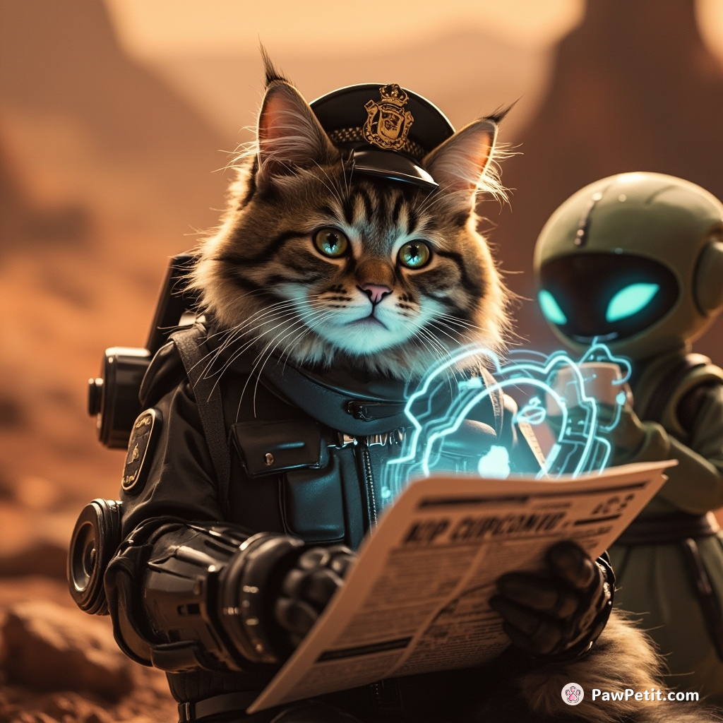 Cybernetic cat police officer reading a holographic newspaper on Mars with an alien sidekick offering cappuccino.