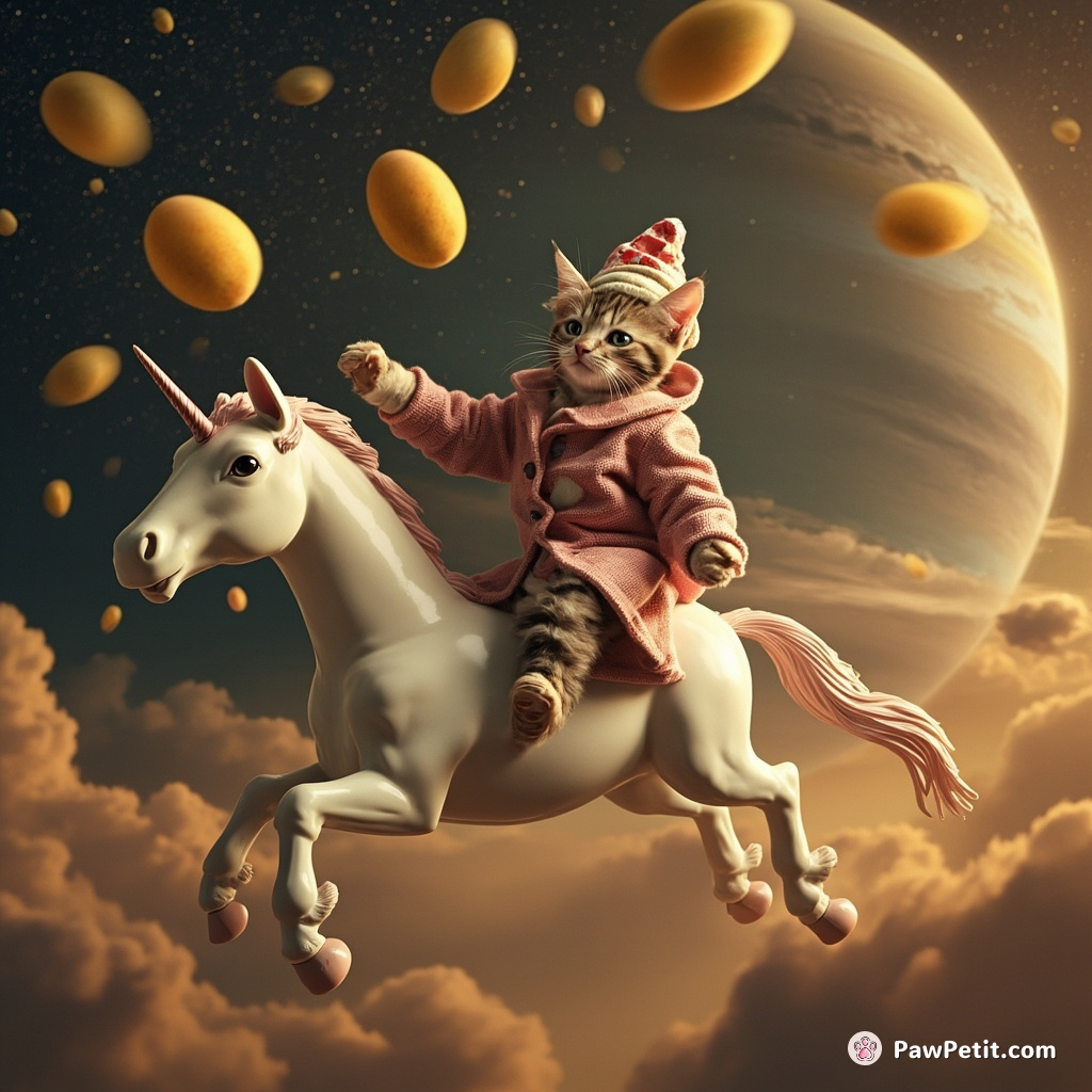 Cat riding a polka-dotted unicorn while juggling mangoes on Jupiter.
