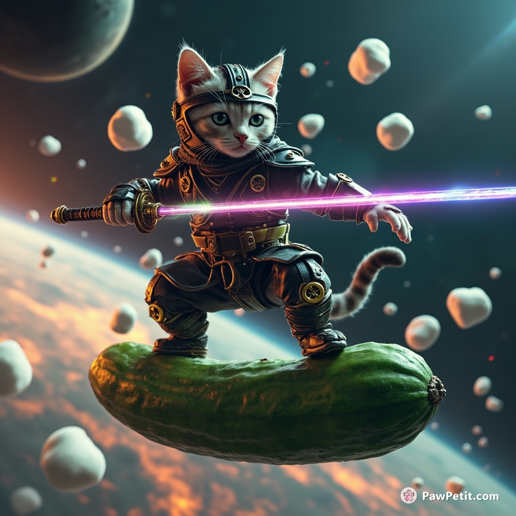Cybernetic ninja cat balancing on a floating cucumber in space, slicing marshmallow asteroids with an iridescent laser katana.