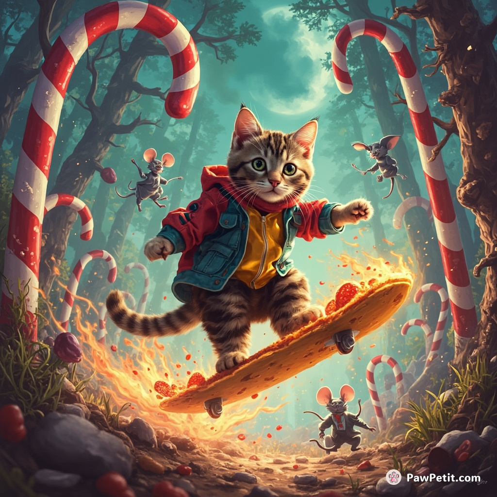 Cat surfing on a radioactive slice of pizza in a candy-cane forest, chased by cybernetic mice.