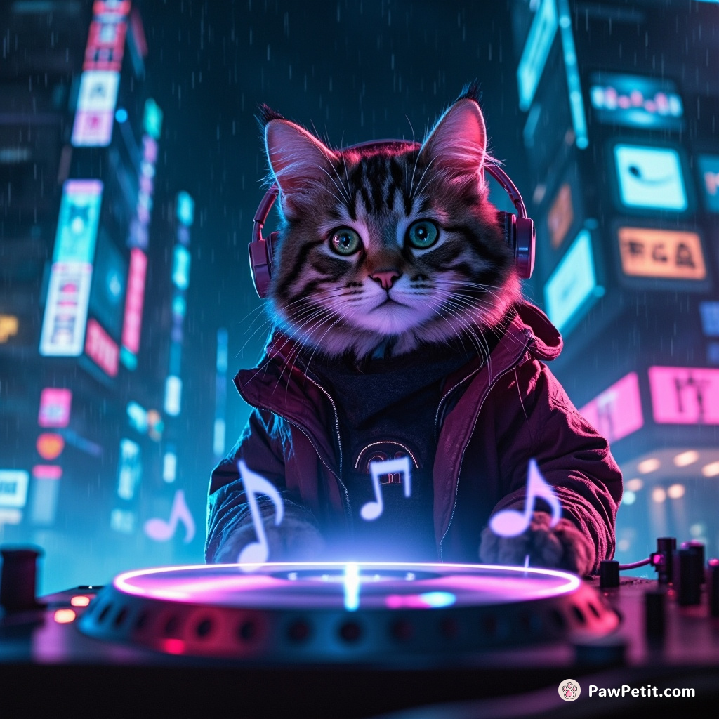 Neon cyberpunk cat DJ spinning ethereal holographic music notes on floating turntables, amidst a rain-drenched neon cityscape.