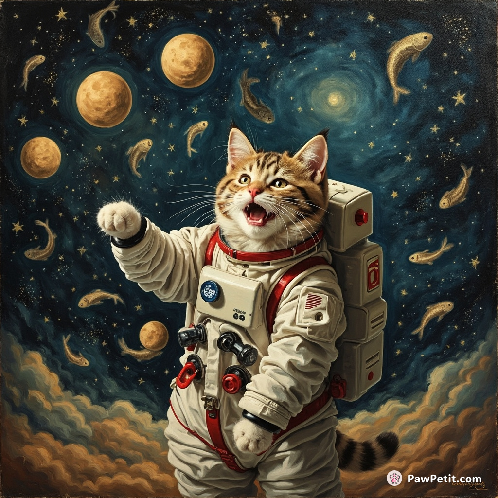 Cat astronaut joyfully juggling miniature moons amidst a galaxy of glistening fish stars.