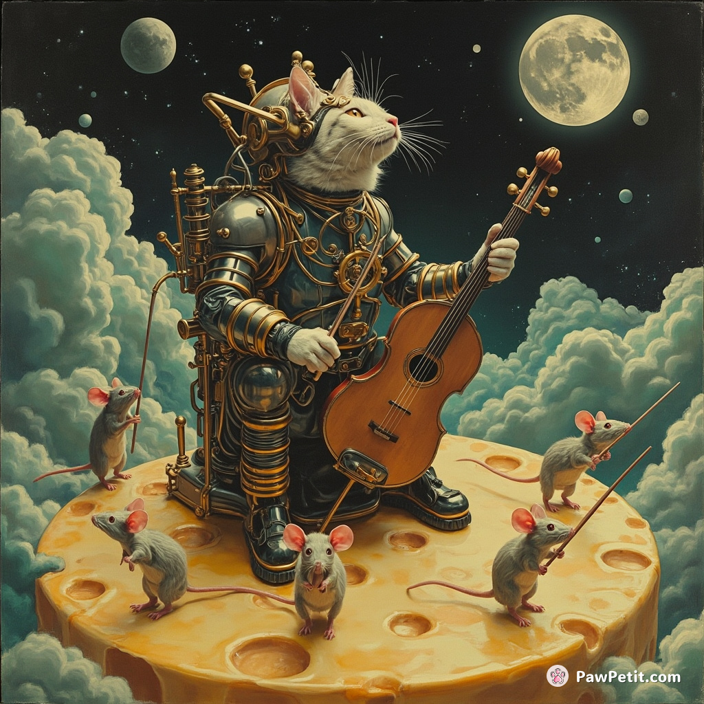 A steam-powered cyborg cat conducting an orchestra of mice on a floating cheese moon.