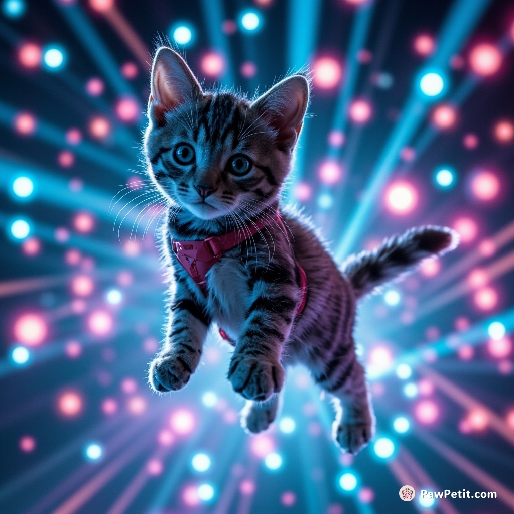 In a glimmering holographic realm, Pixel - the cybernetic feline, often spears intangible laser dots with effortless backflips.