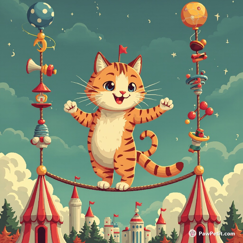 Cat performing a high-wire circus act, balancing whimsical objects on its tail.