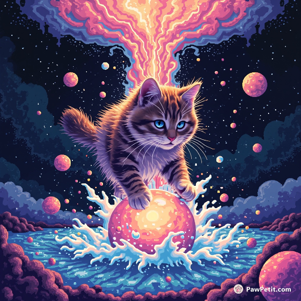 A cosmic cat shattering a galaxy hairball near an erupting plasma milk volcano underwater.