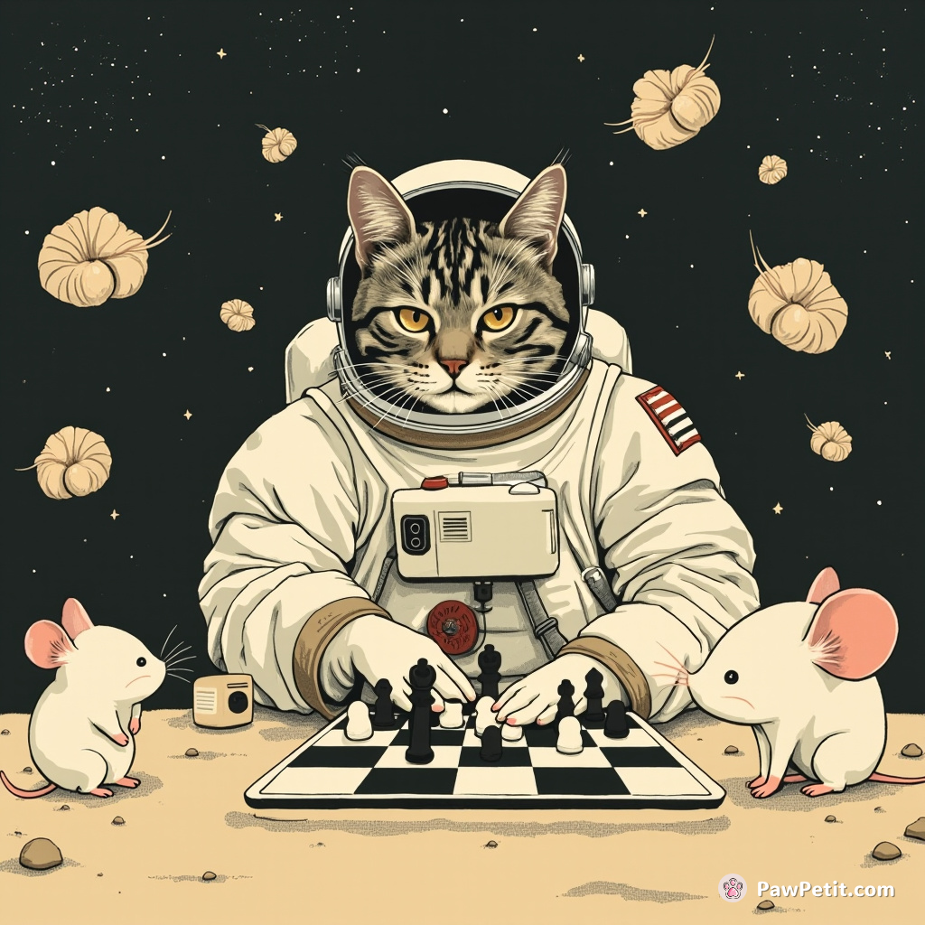 Giant cat astronaut playing chess with moon mice in zero gravity, surrounded by floating shrimp dumplings.
